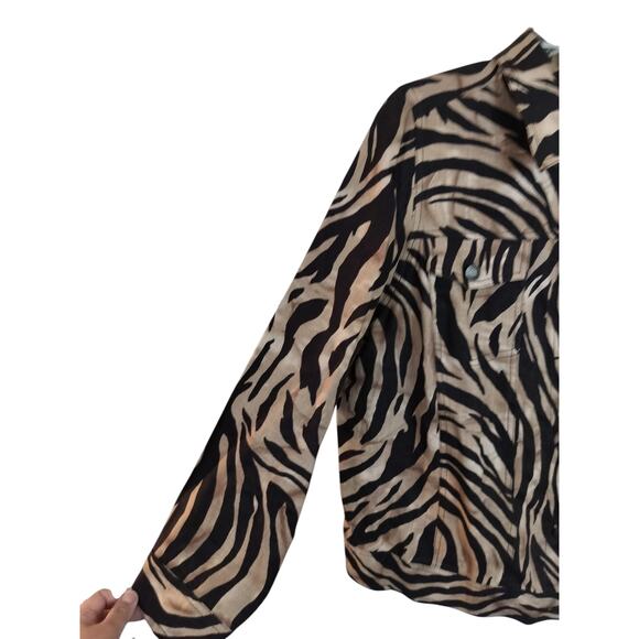 3766)Carole Little Zebra Print Tan Brown Button Down Long Sleeve Linen Top 1X - Picture 2 of 8